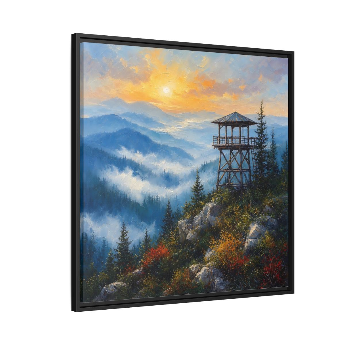 Side Mockup 9. Nature Lookout Tower Mountain Sunset shown as stretched canvas wall art