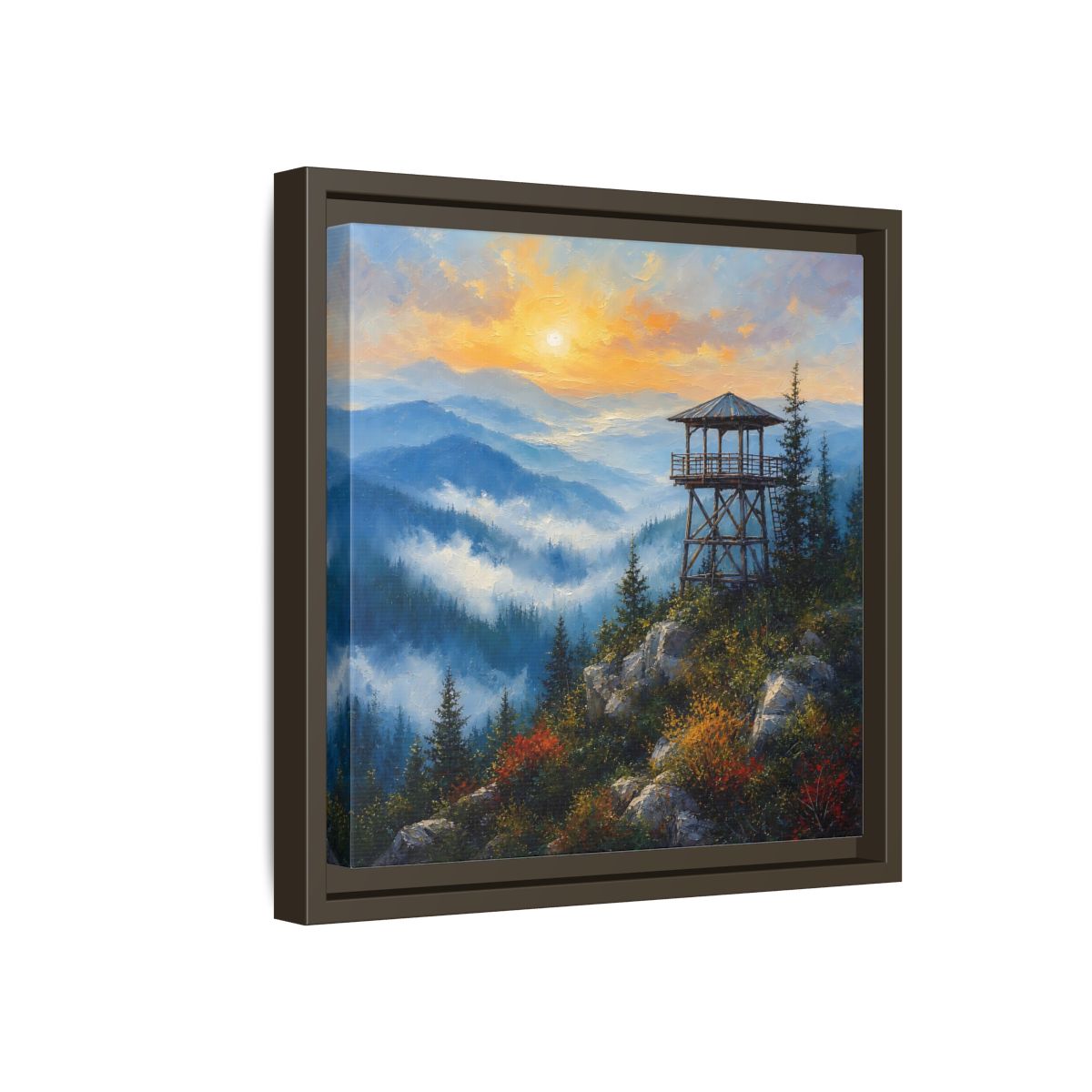 Side Mockup 17. Nature Lookout Tower Mountain Sunset shown as stretched canvas wall art