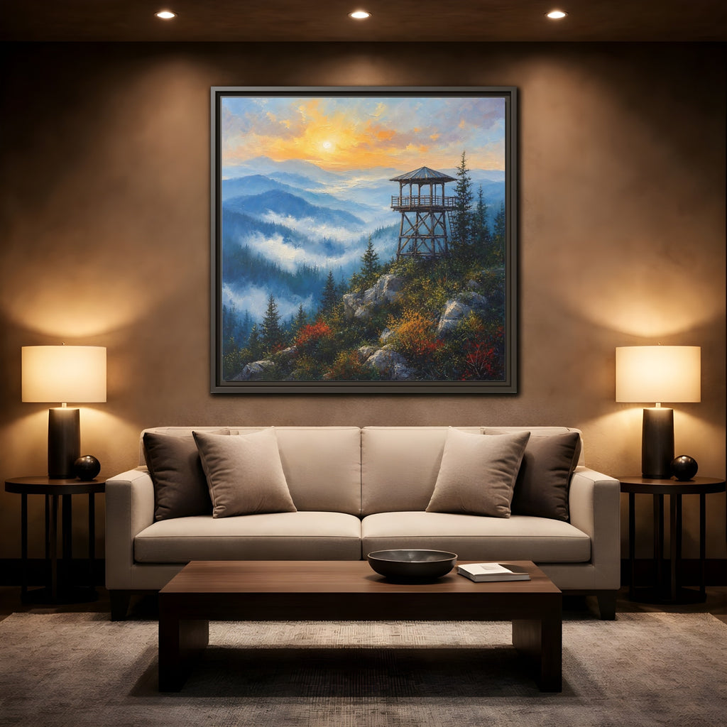 Mockup 2. Nature Lookout Tower Mountain Sunset shown as stretched canvas wall art