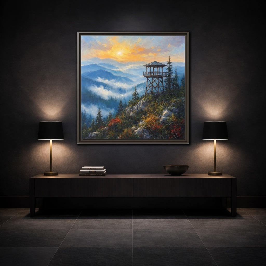 Mockup 3. Nature Lookout Tower Mountain Sunset shown as stretched canvas wall art