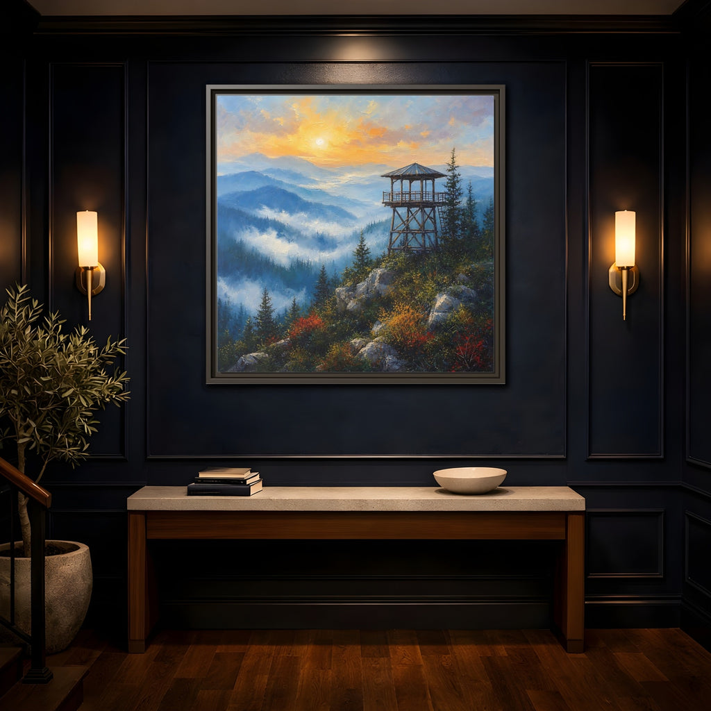 Mockup 4. Nature Lookout Tower Mountain Sunset shown as stretched canvas wall art