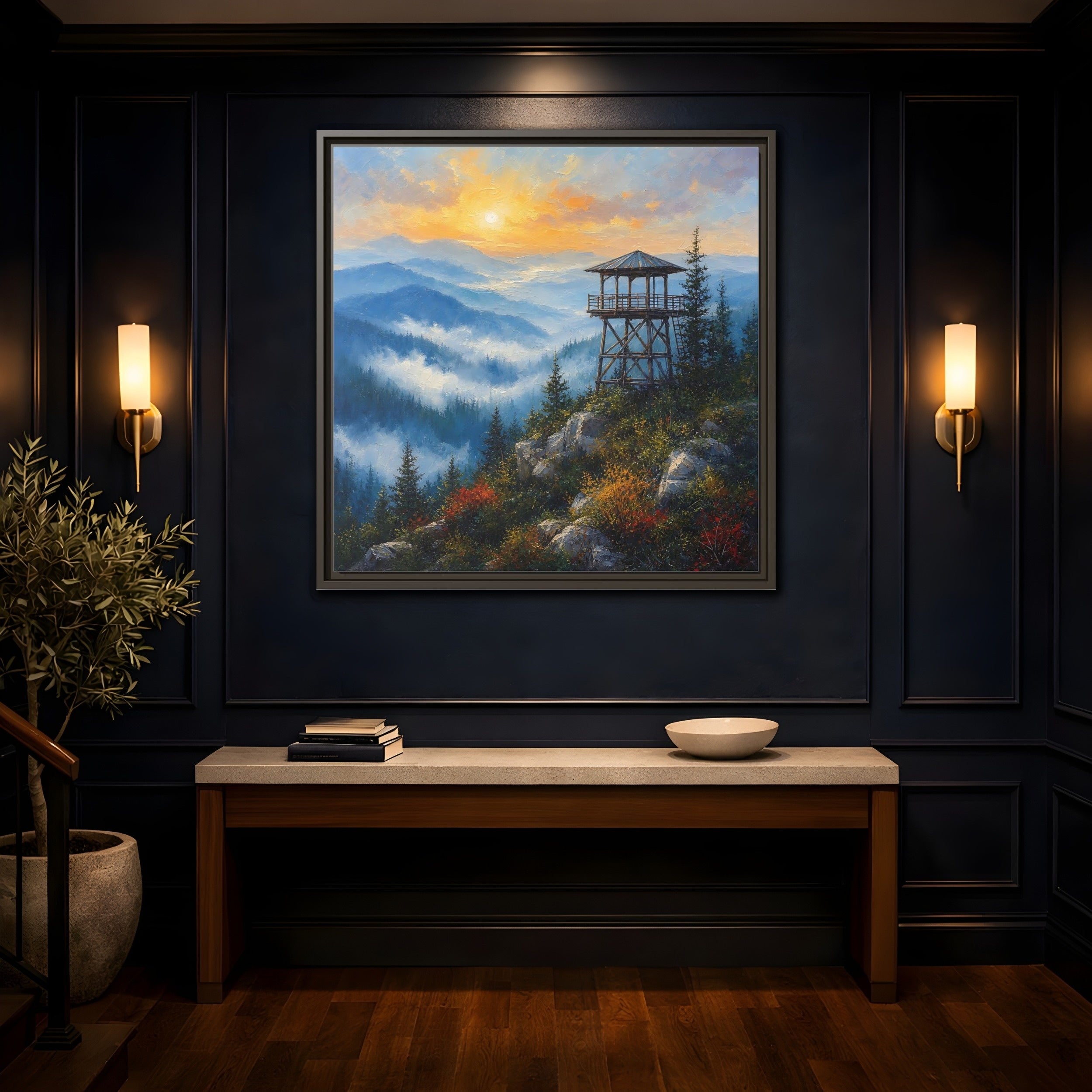 Mockup 4. Nature Lookout Tower Mountain Sunset shown as stretched canvas wall art