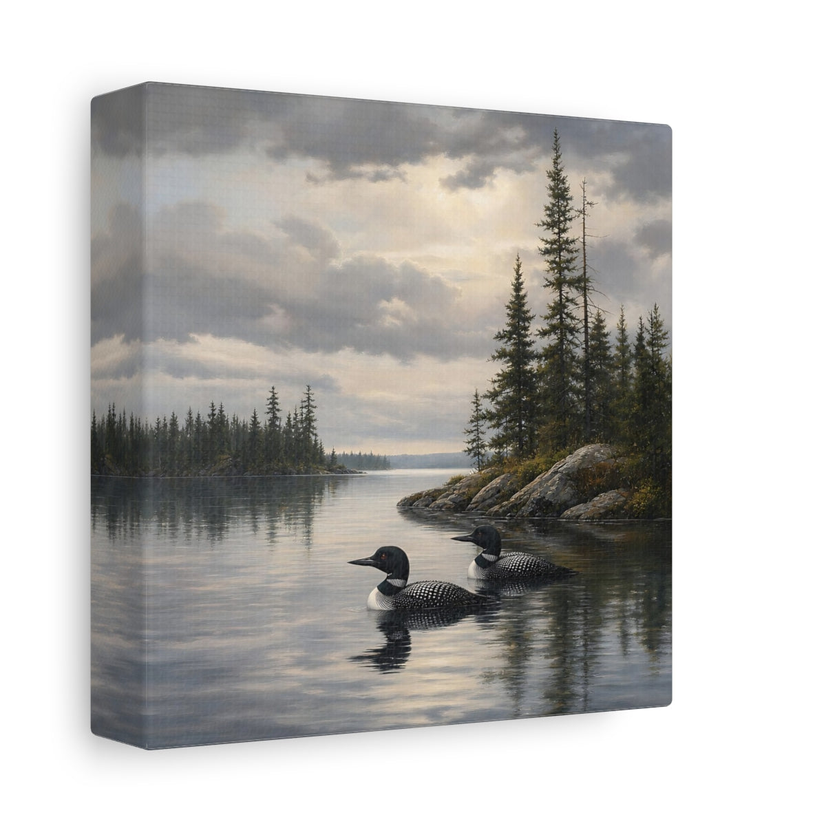 Side Mockup 2. Nature Loons Gray Loons shown as stretched canvas wall art