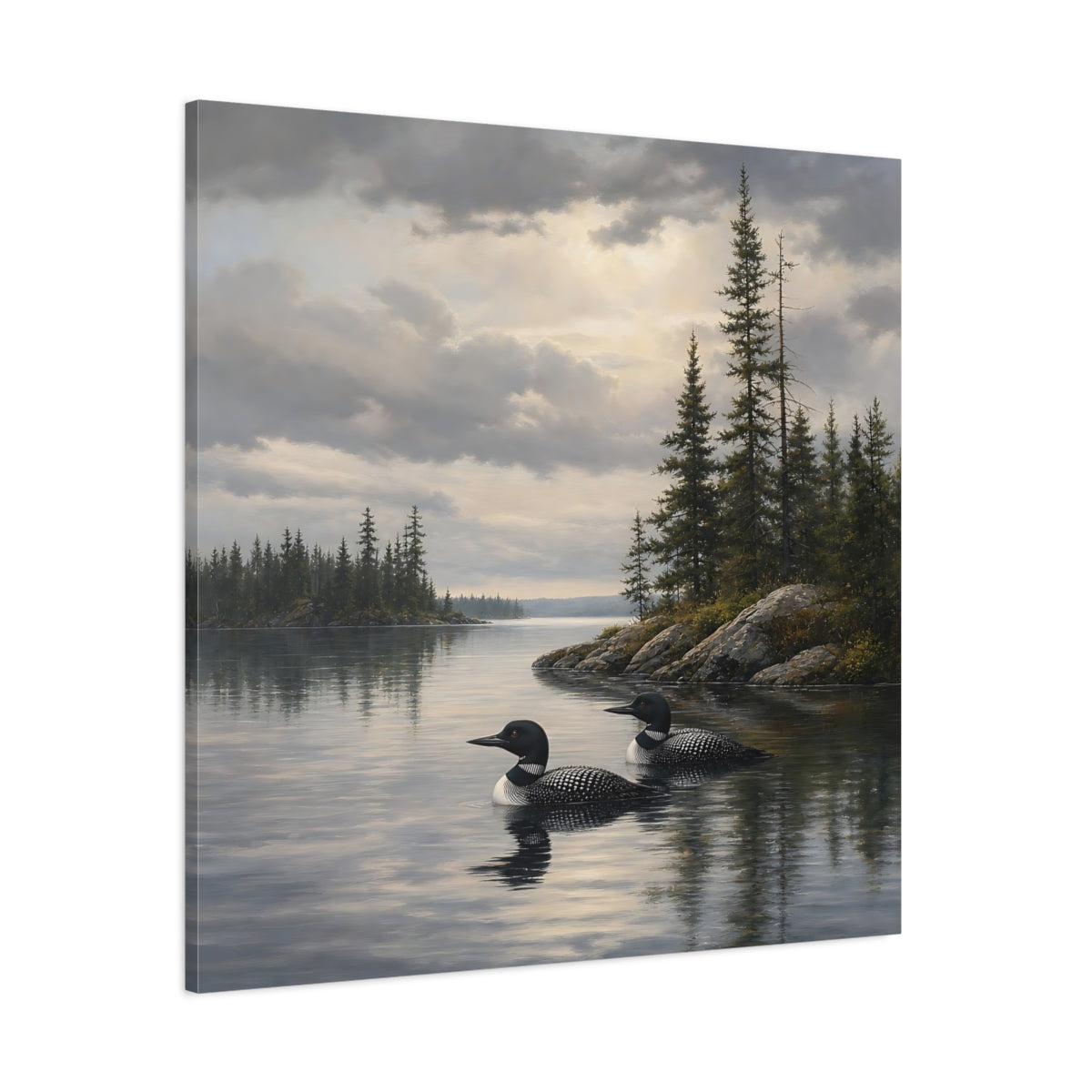 Side Mockup 1. Nature Loons Gray Loons shown as stretched canvas wall art