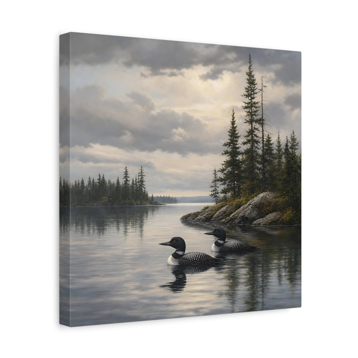 Side Mockup 7. Nature Loons Gray Loons shown as stretched canvas wall art