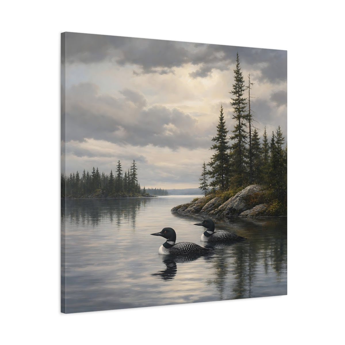 Side Mockup 3. Nature Loons Gray Loons shown as stretched canvas wall art