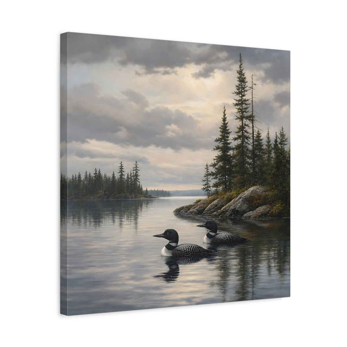 Side Mockup 5. Nature Loons Gray Loons shown as stretched canvas wall art
