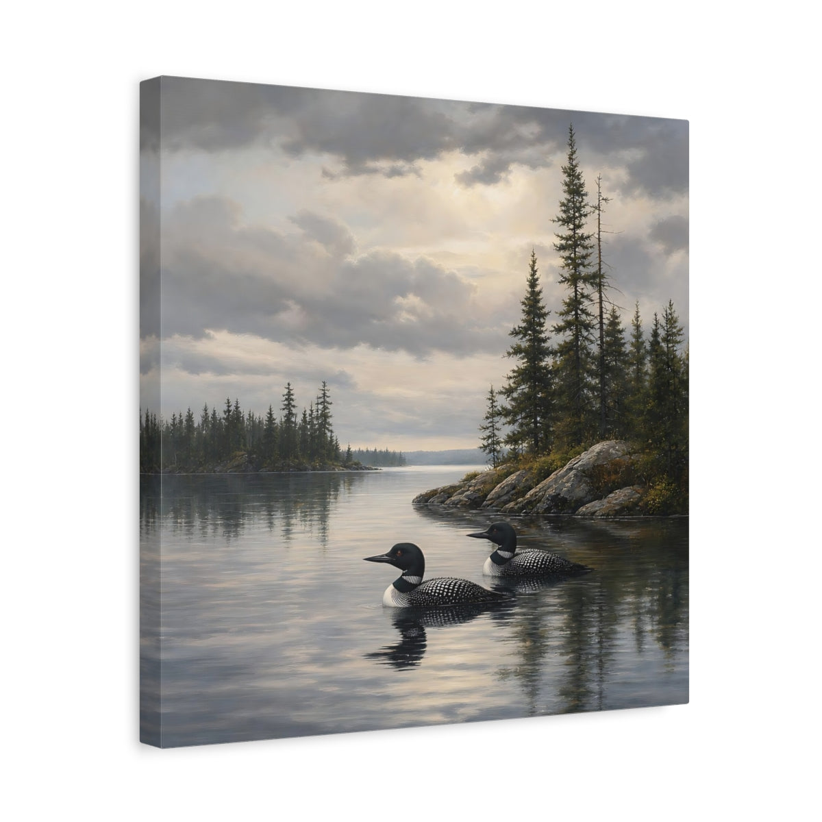Side Mockup 6. Nature Loons Gray Loons shown as stretched canvas wall art