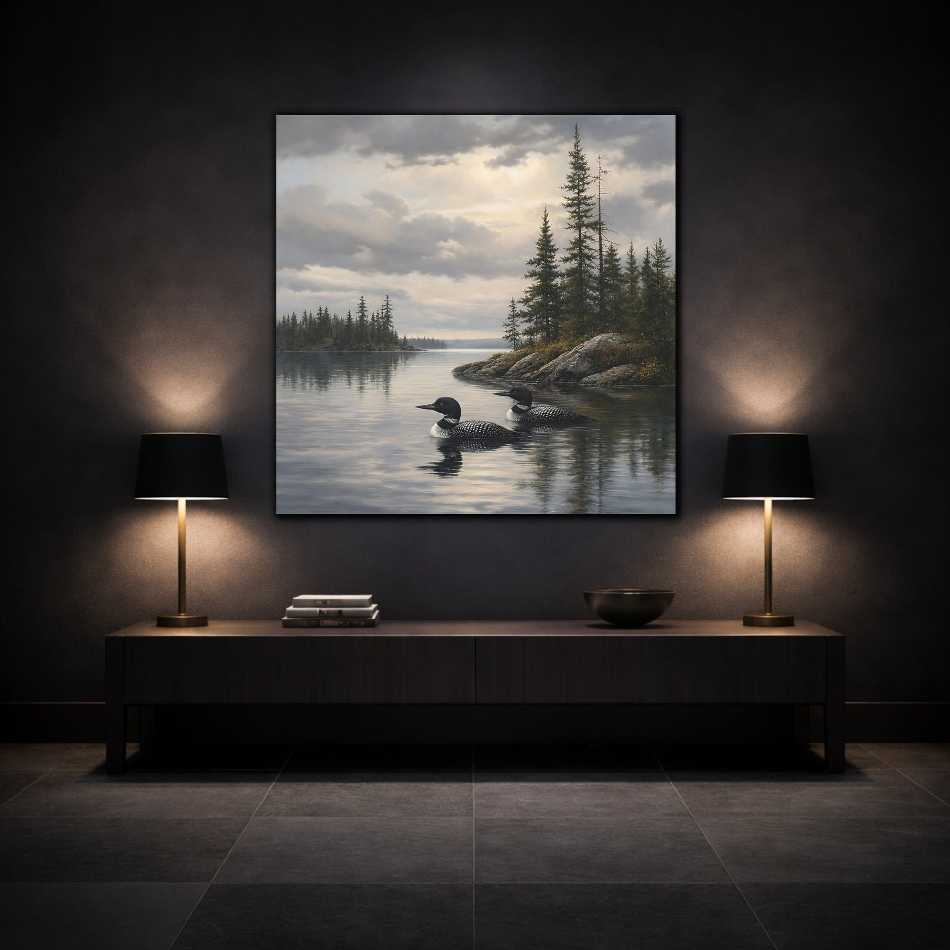 Mockup 3. Nature Loons Gray Loons shown as stretched canvas wall art