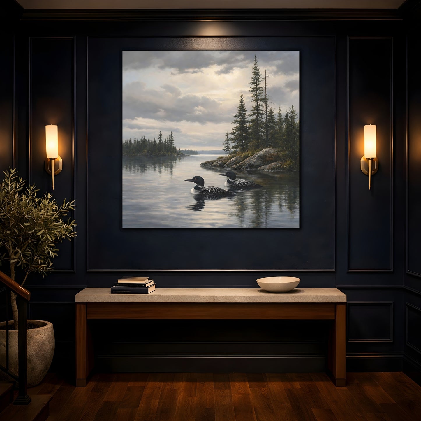 Mockup 4. Nature Loons Gray Loons shown as stretched canvas wall art