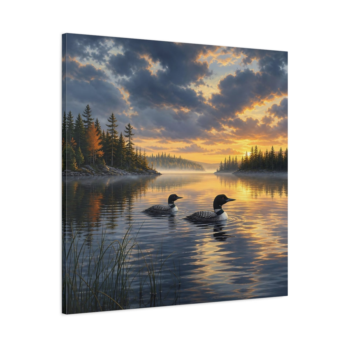 Main Mockup. Nature Loons Loons Sunset Lake shown as stretched canvas wall art