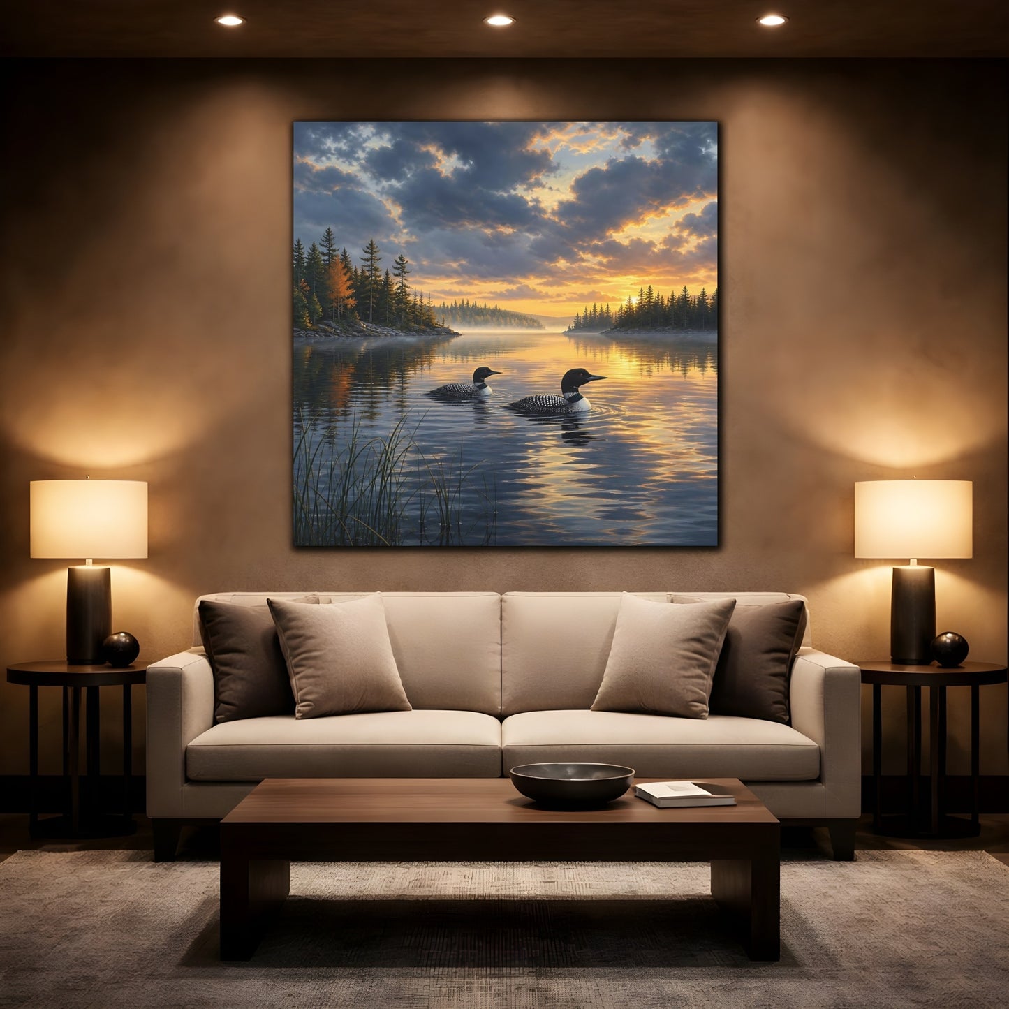 Mockup 2. Nature Loons Loons Sunset Lake shown as stretched canvas wall art