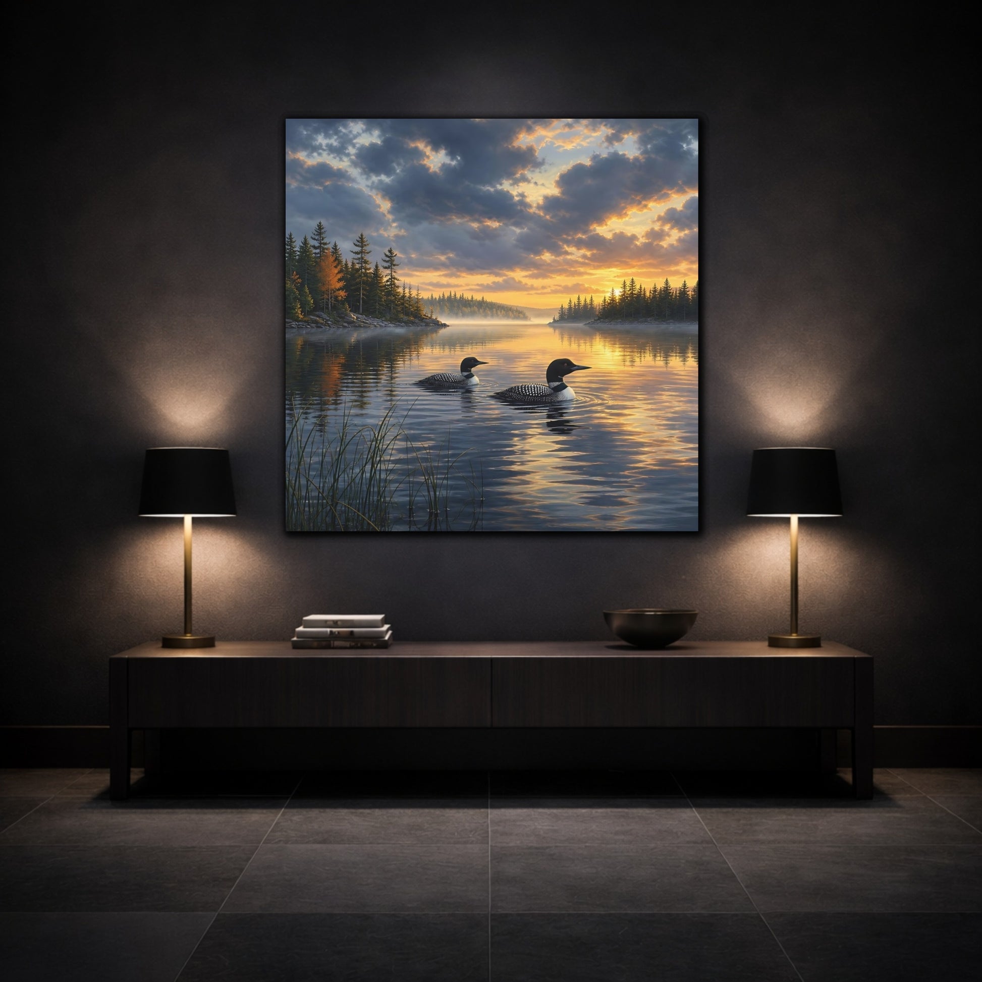 Mockup 3. Nature Loons Loons Sunset Lake shown as stretched canvas wall art