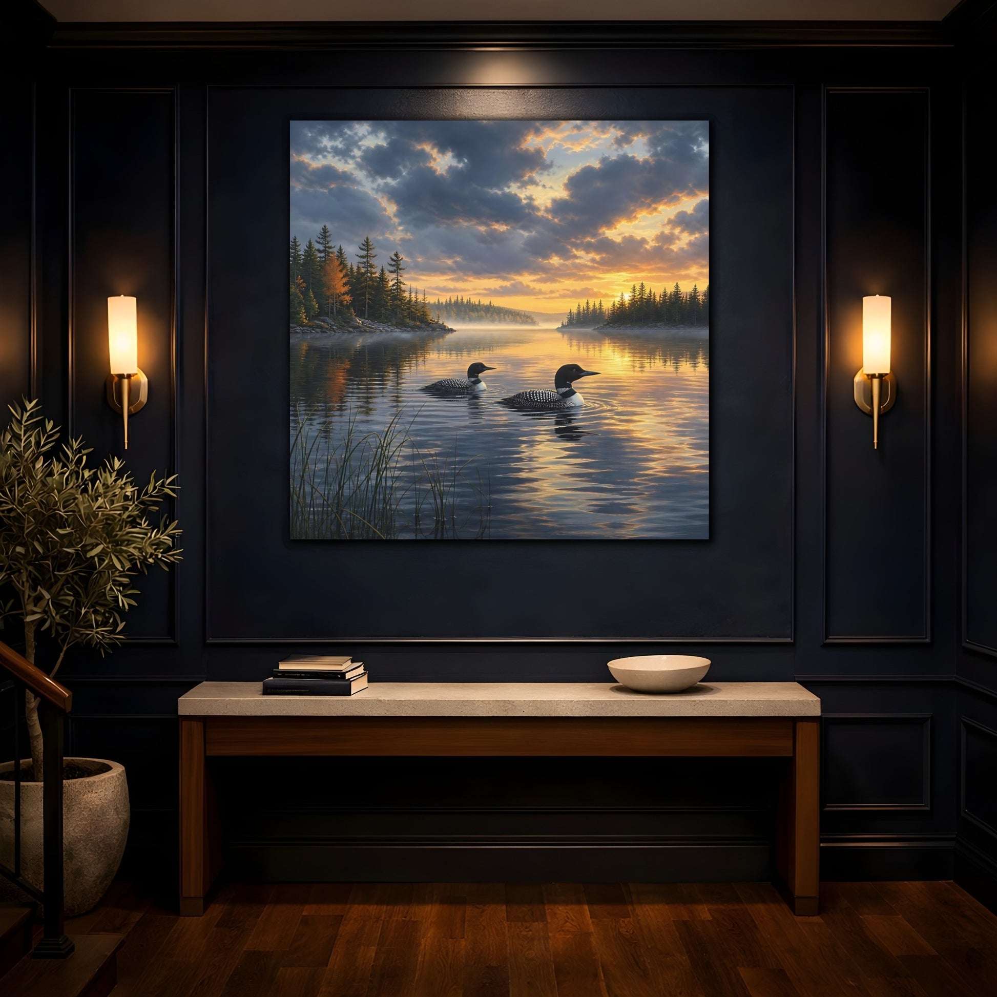 Mockup 4. Nature Loons Loons Sunset Lake shown as stretched canvas wall art