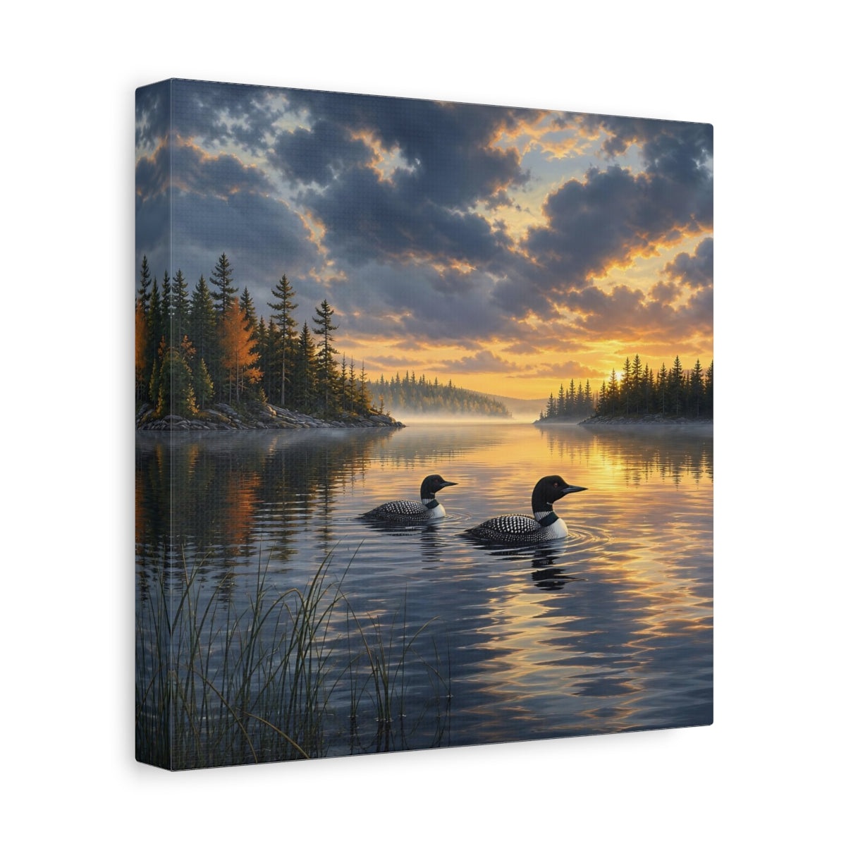 Side Mockup 9. Nature Loons Loons Sunset Lake shown as stretched canvas wall art