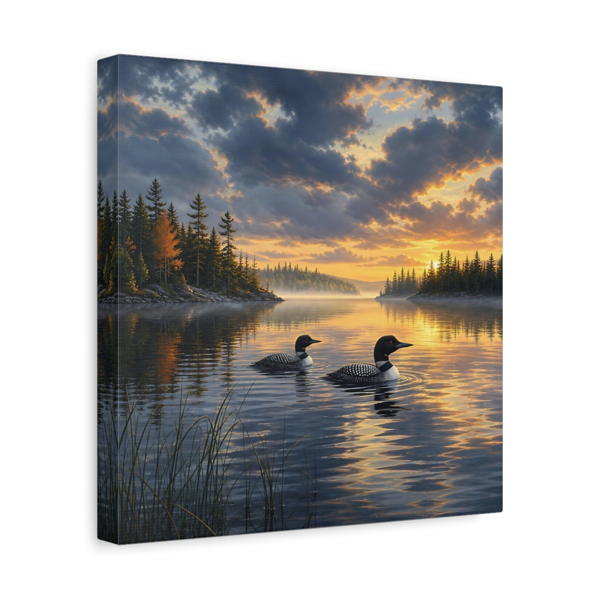 Side Mockup 8. Nature Loons Loons Sunset Lake shown as stretched canvas wall art
