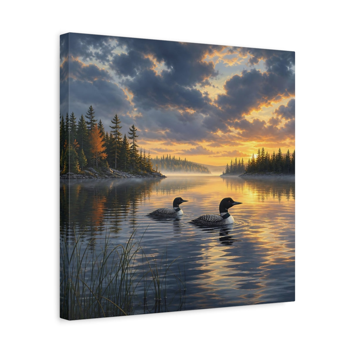 Side Mockup 6. Nature Loons Loons Sunset Lake shown as stretched canvas wall art