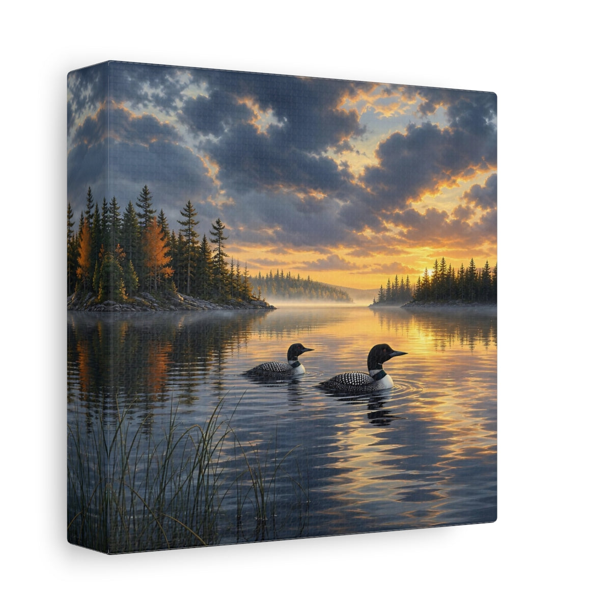 Side Mockup 2. Nature Loons Loons Sunset Lake shown as stretched canvas wall art