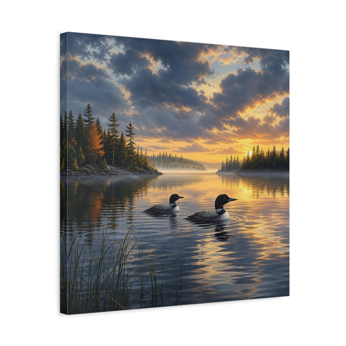 Side Mockup 5. Nature Loons Loons Sunset Lake shown as stretched canvas wall art