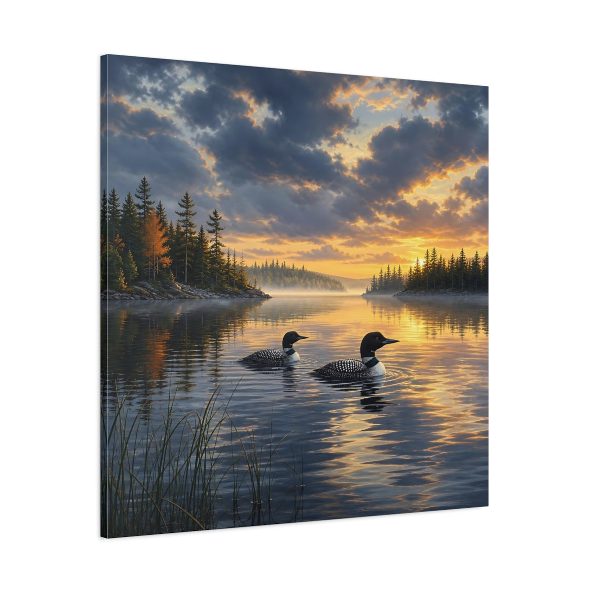 Side Mockup 1. Nature Loons Loons Sunset Lake shown as stretched canvas wall art