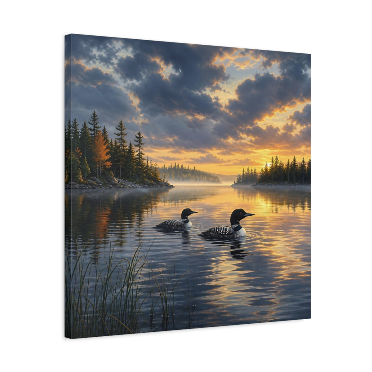 Side Mockup 4. Nature Loons Loons Sunset Lake shown as stretched canvas wall art