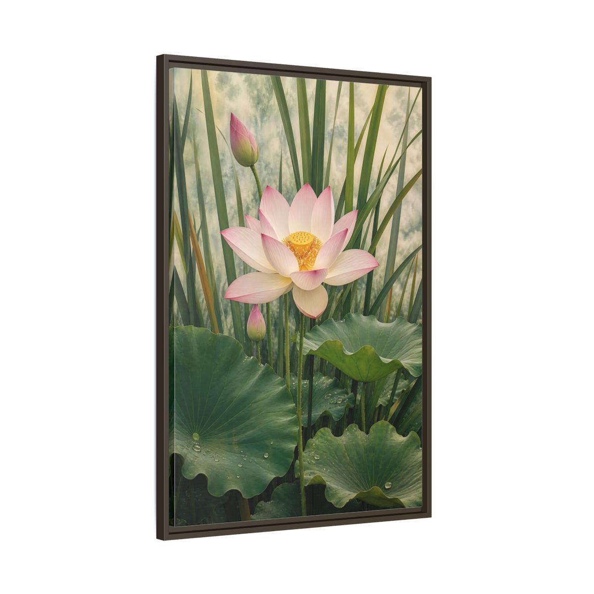 Nature Lotus Flower Pink and Green Framed Canvas Wall Art - Living Room shown as canvas wall art