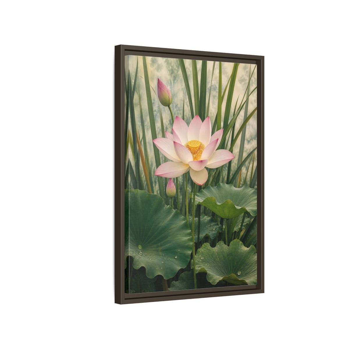 Nature Lotus Flower Pink and Green Framed Canvas Wall Art - Living Room shown as canvas wall art