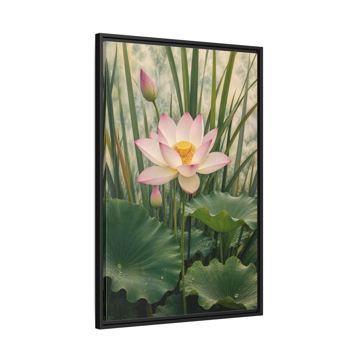 Nature Lotus Flower Pink and Green Framed Canvas Wall Art - Living Room shown as canvas wall art