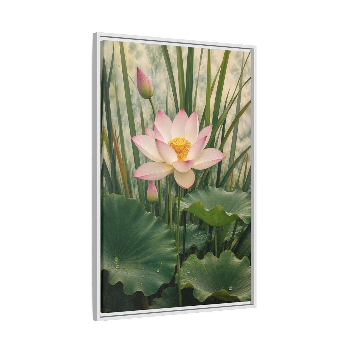 Nature Lotus Flower Pink and Green Framed Canvas Wall Art - Living Room shown as canvas wall art
