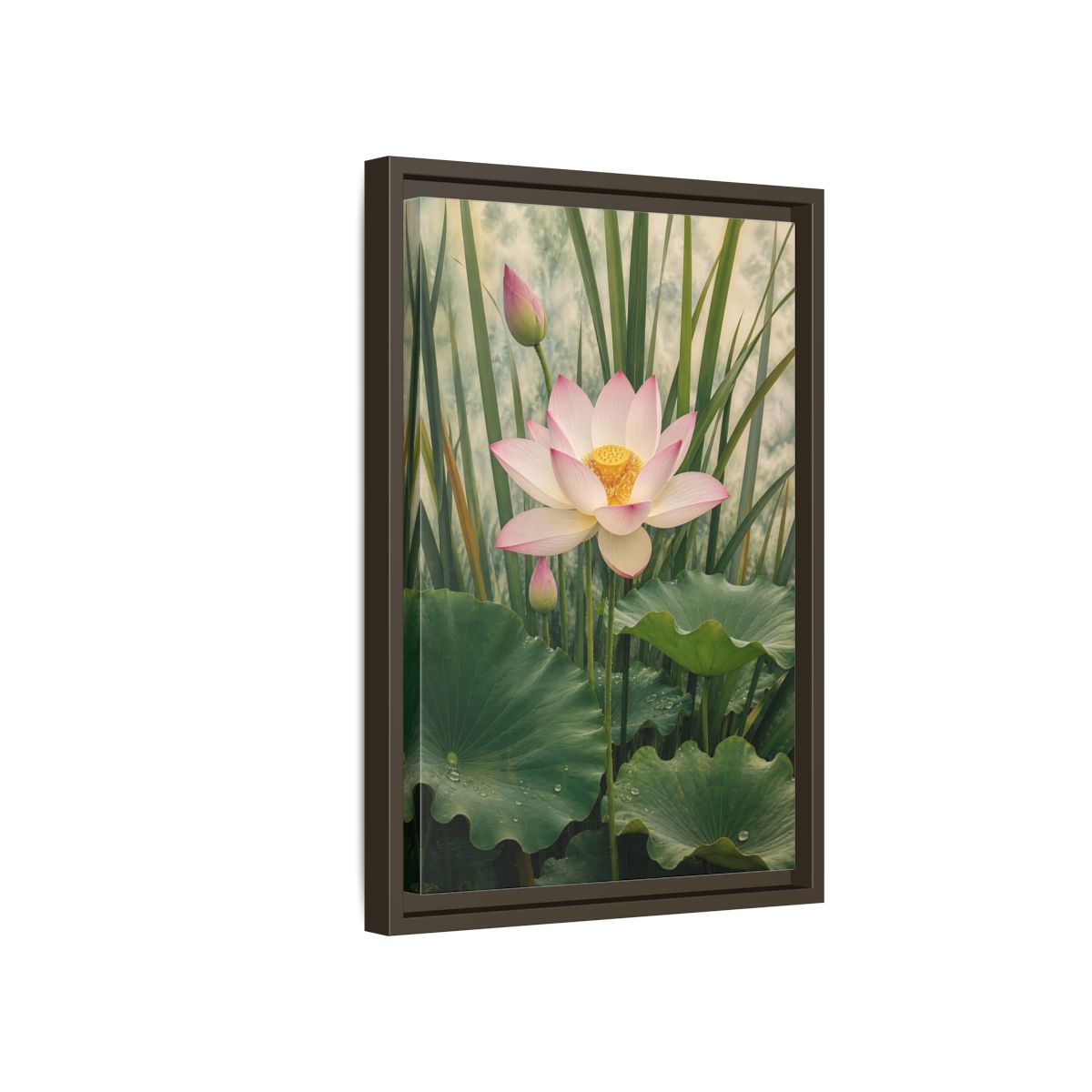 Nature Lotus Flower Pink and Green Framed Canvas Wall Art - Living Room shown as canvas wall art