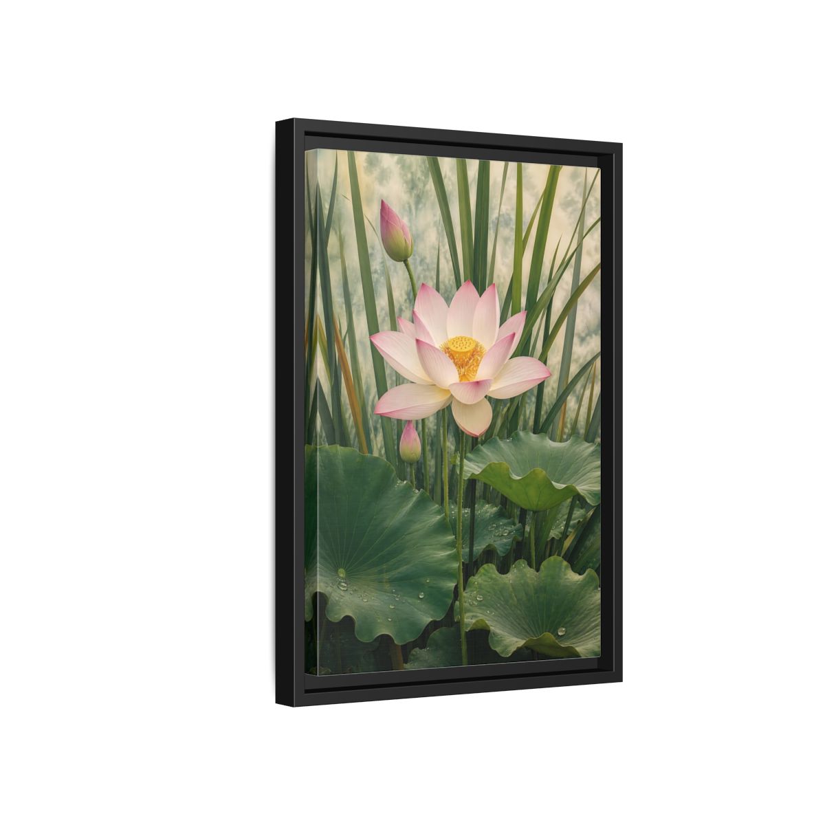 Nature Lotus Flower Pink and Green Framed Canvas Wall Art - Living Room shown as canvas wall art