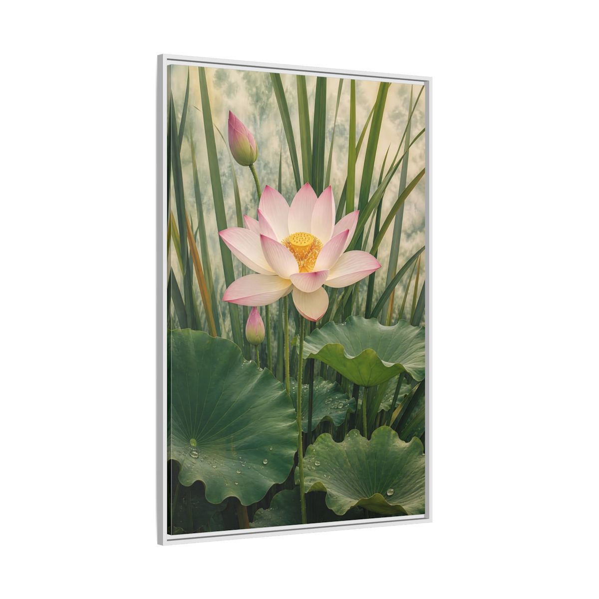 Nature Lotus Flower Pink and Green Framed Canvas Wall Art - Living Room shown as canvas wall art