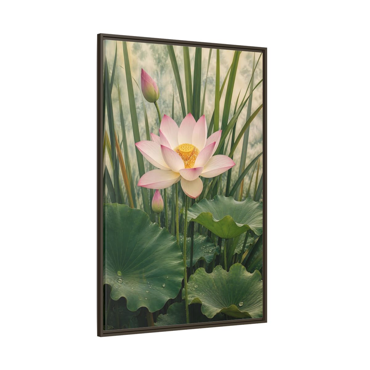 Nature Lotus Flower Pink and Green Framed Canvas Wall Art - Living Room shown as canvas wall art