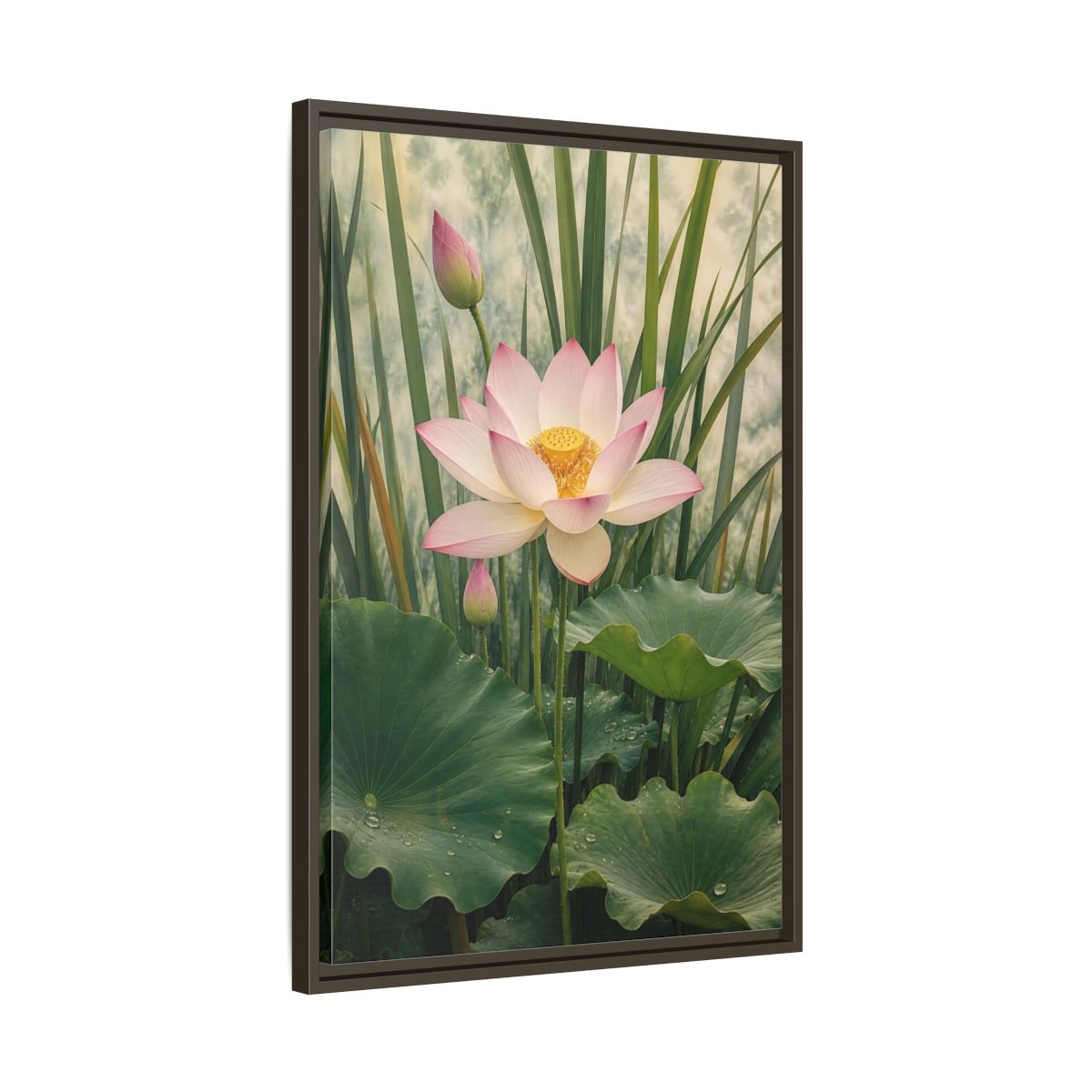 Nature Lotus Flower Pink and Green Framed Canvas Wall Art - Living Room shown as canvas wall art