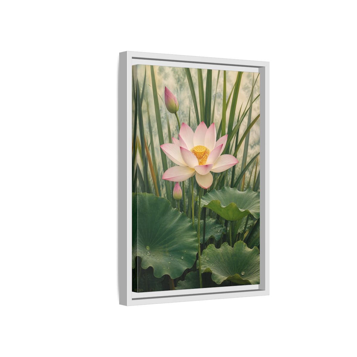 Nature Lotus Flower Pink and Green Framed Canvas Wall Art - Living Room shown as canvas wall art