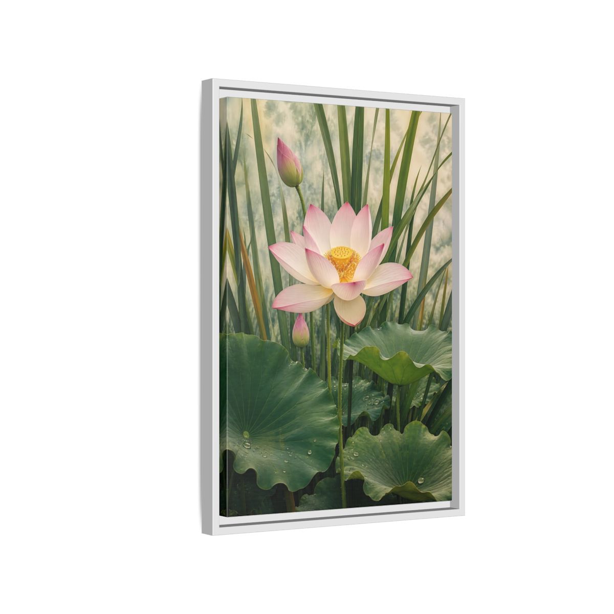Nature Lotus Flower Pink and Green Framed Canvas Wall Art - Living Room shown as canvas wall art