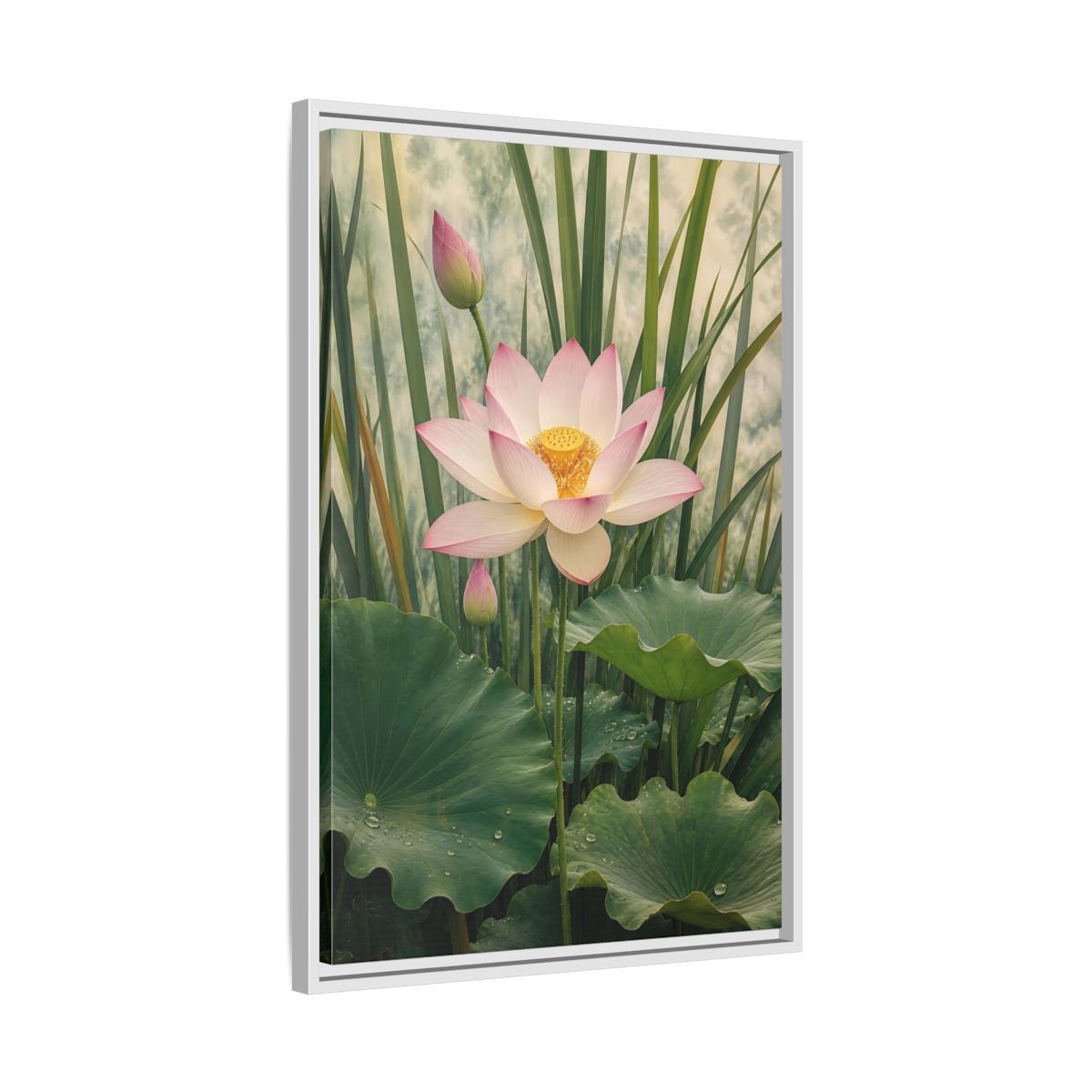Nature Lotus Flower Pink and Green Framed Canvas Wall Art - Living Room shown as canvas wall art