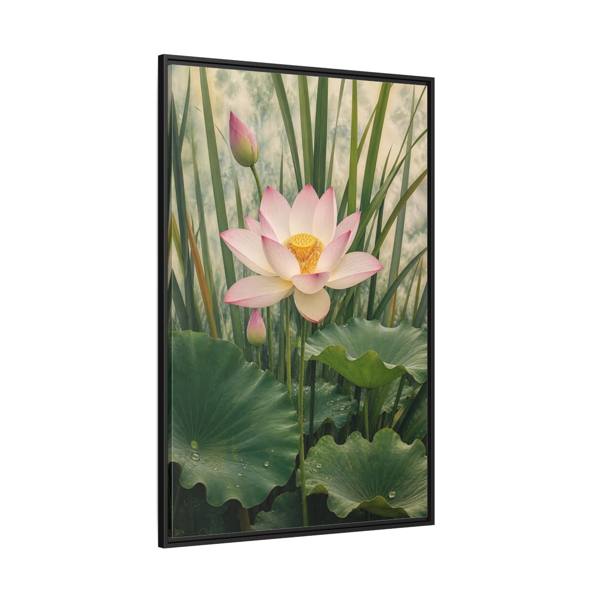 Nature Lotus Flower Pink and Green Framed Canvas Wall Art - Living Room shown as canvas wall art