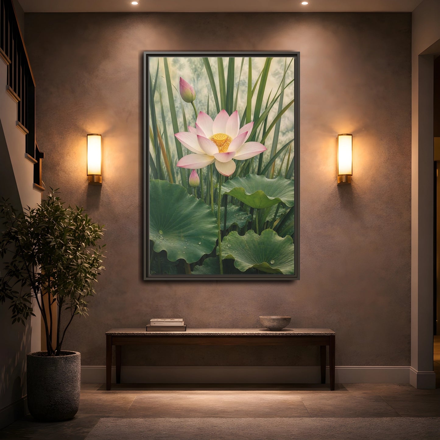 Nature Lotus Flower Pink and Green Framed Canvas Wall Art - Living Room shown as canvas wall art