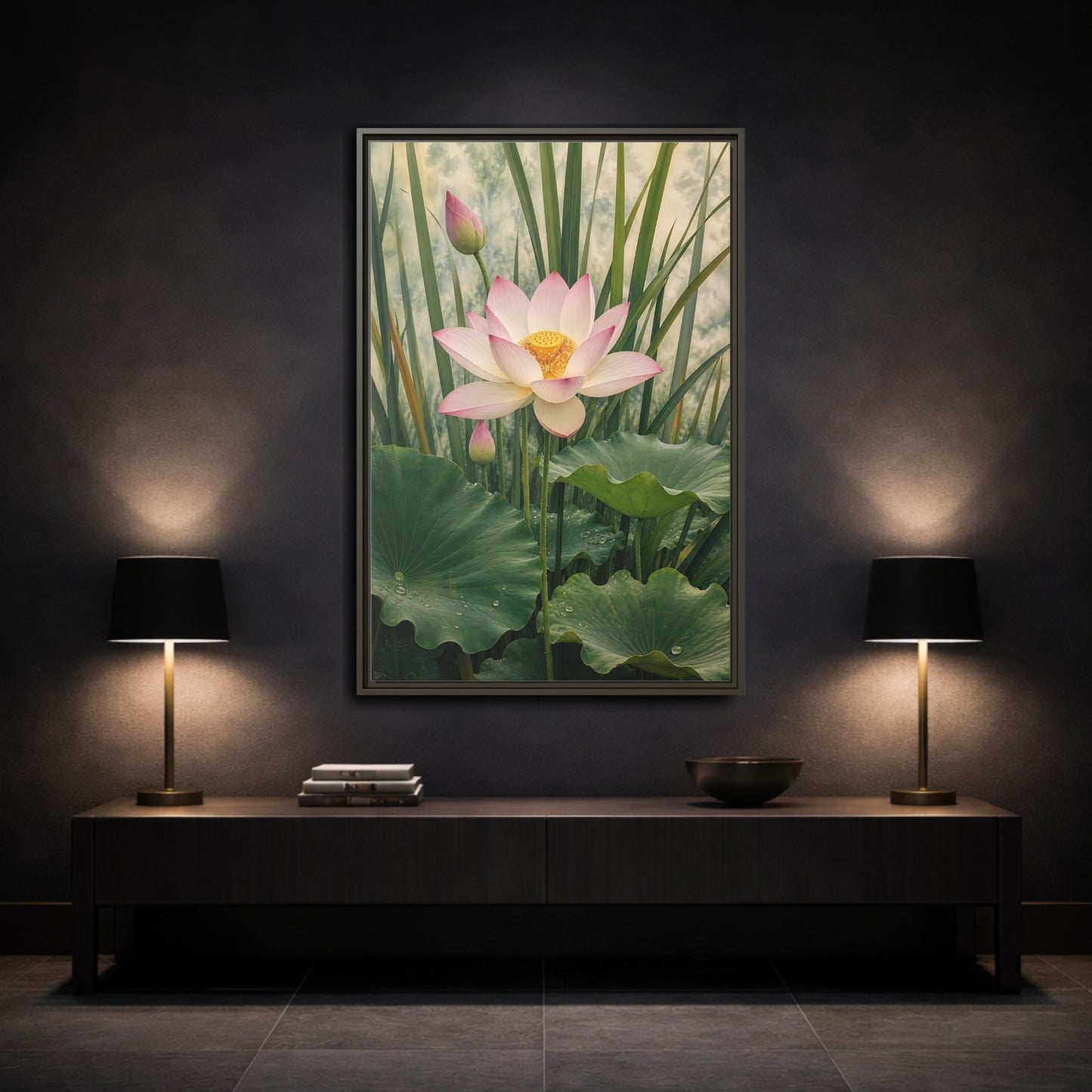 Nature Lotus Flower Pink and Green Framed Canvas Wall Art - Living Room shown as canvas wall art