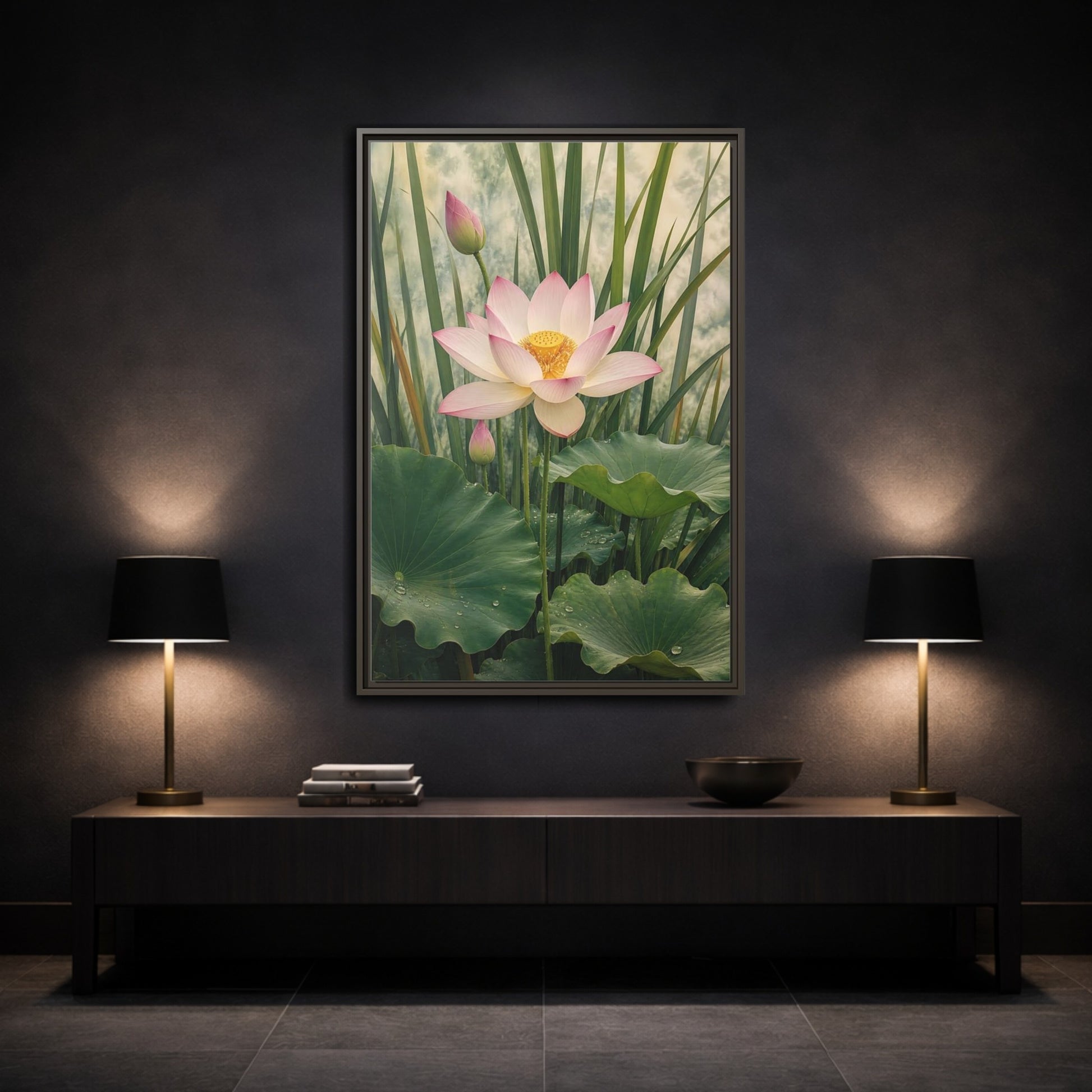 Nature Lotus Flower Pink and Green Framed Canvas Wall Art - Living Room shown as canvas wall art