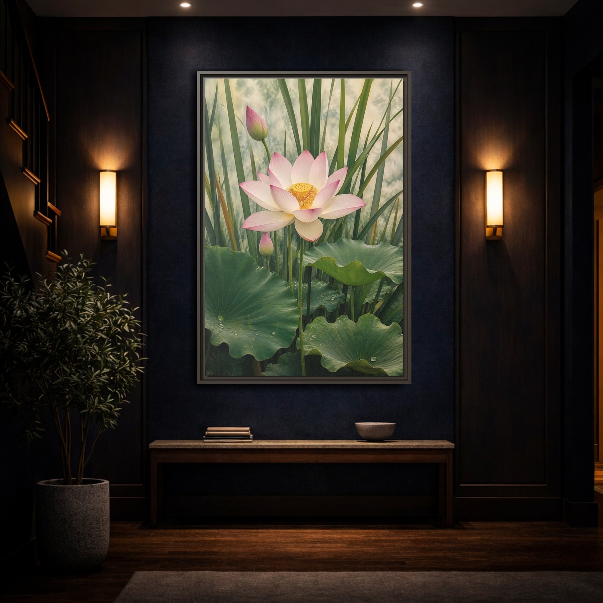 Nature Lotus Flower Pink and Green Framed Canvas Wall Art - Living Room shown as canvas wall art