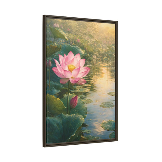 Main Mockup. Nature Lotus Flower Pink Lotus Pond shown as stretched canvas wall art