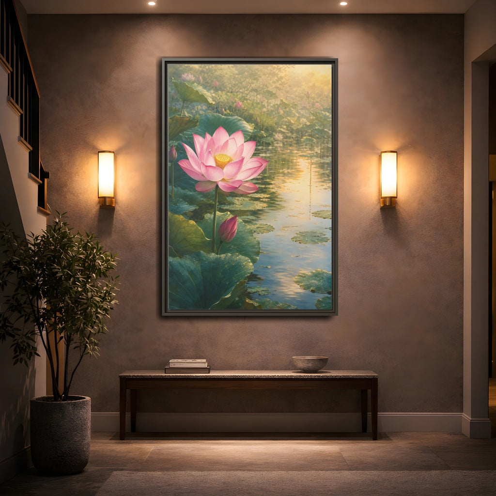 Mockup 2. Nature Lotus Flower Pink Lotus Pond shown as stretched canvas wall art