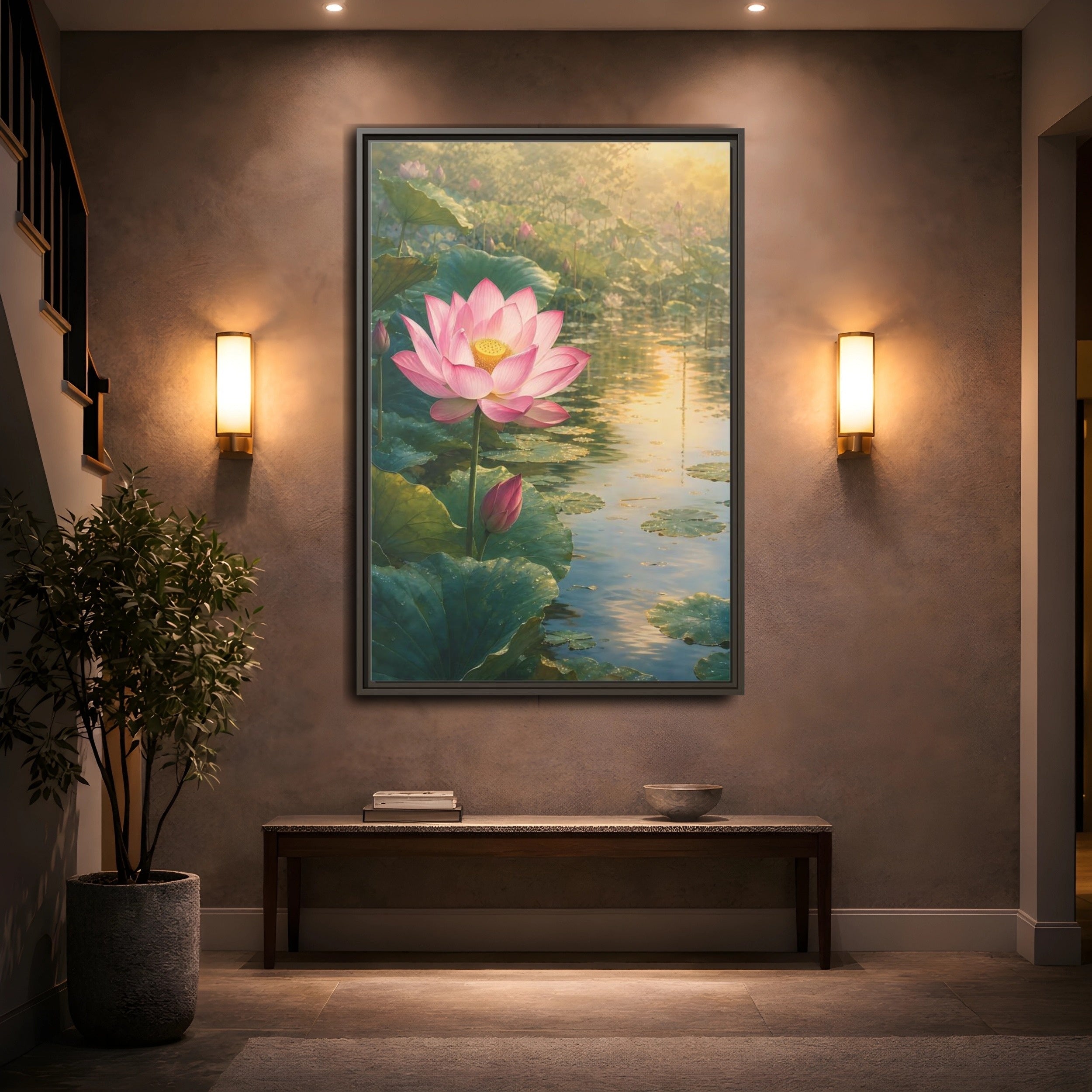 Mockup 2. Nature Lotus Flower Pink Lotus Pond shown as stretched canvas wall art