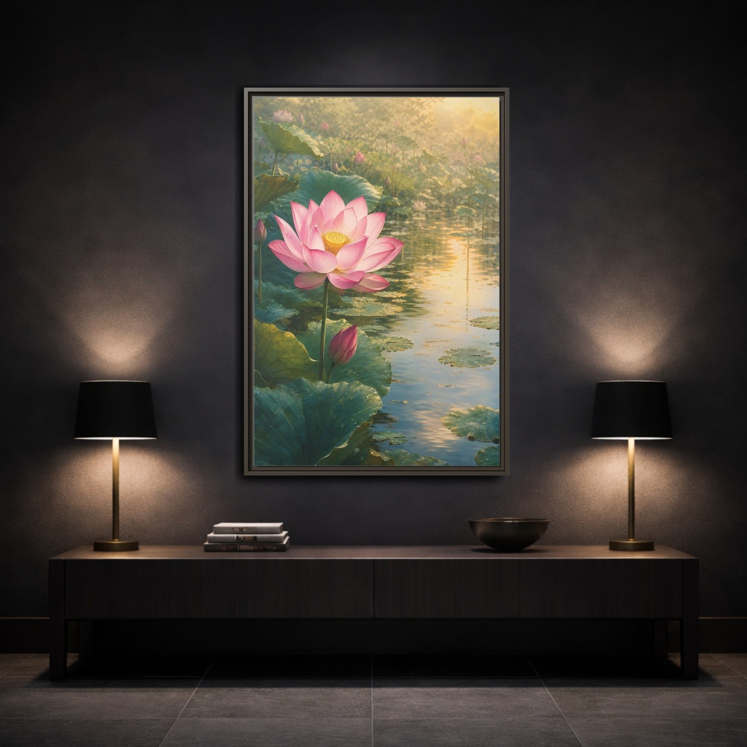Mockup 3. Nature Lotus Flower Pink Lotus Pond shown as stretched canvas wall art