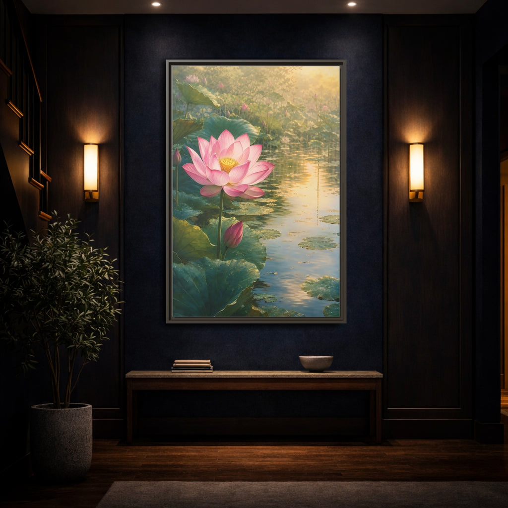 Mockup 4. Nature Lotus Flower Pink Lotus Pond shown as stretched canvas wall art