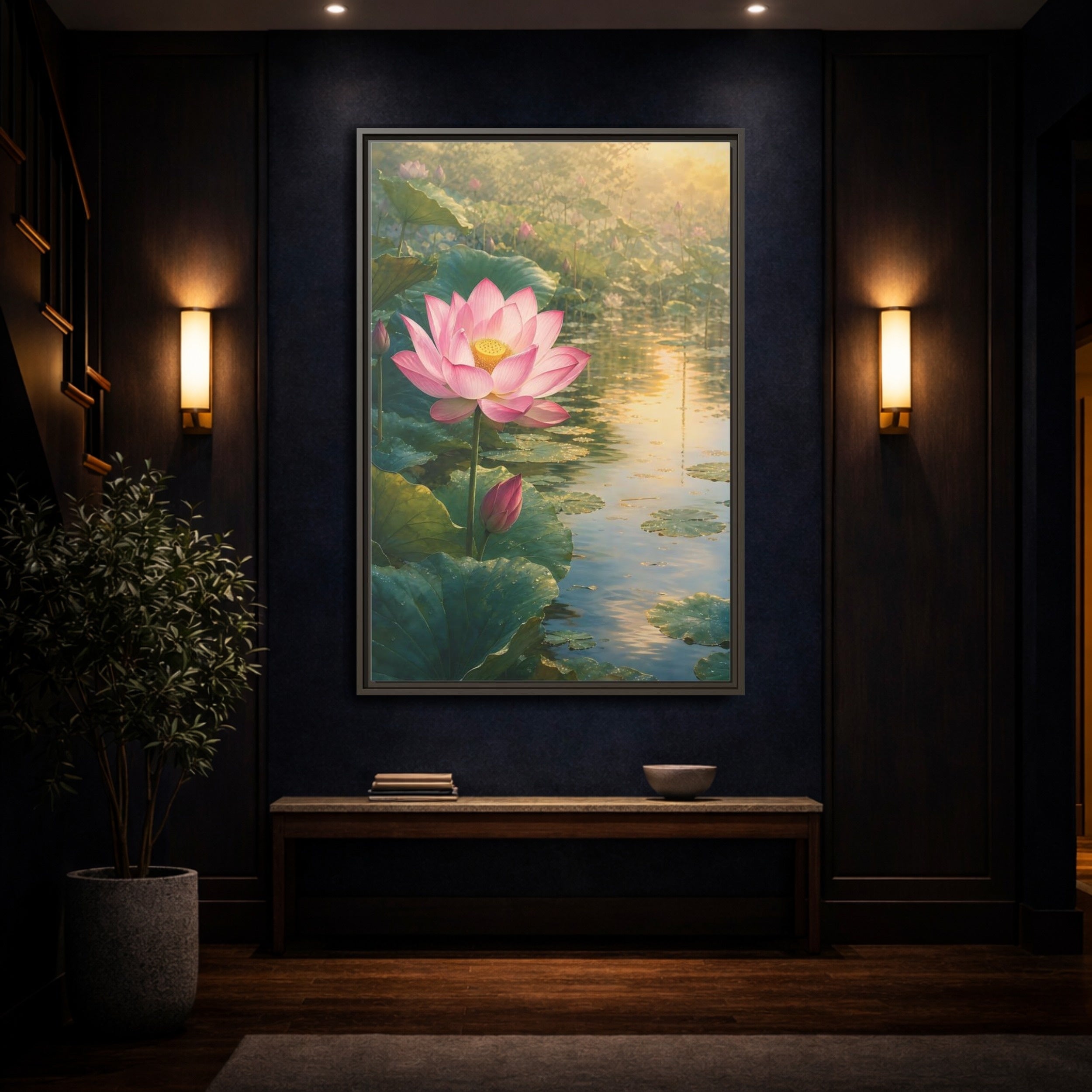Mockup 4. Nature Lotus Flower Pink Lotus Pond shown as stretched canvas wall art