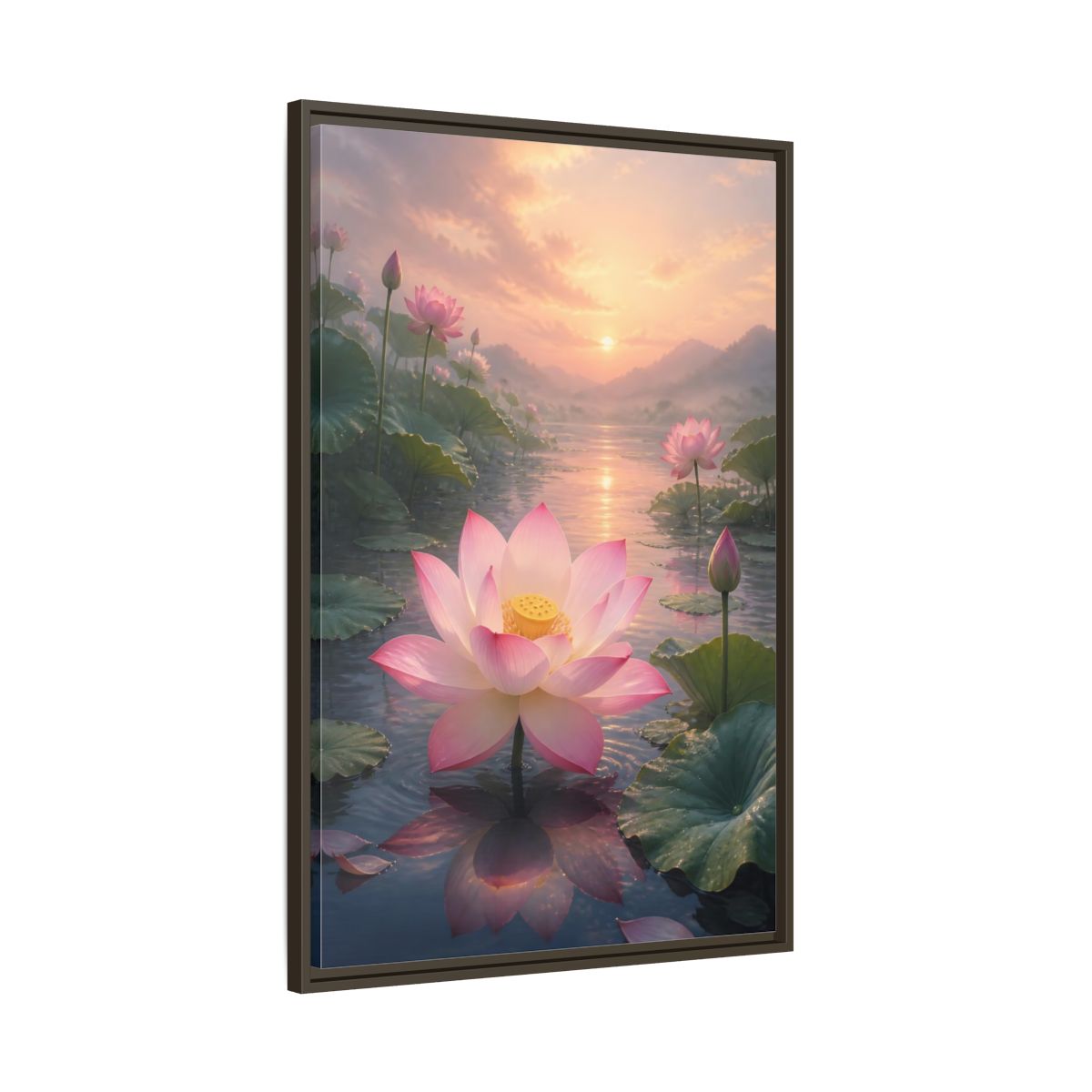 Main Mockup. Nature Lotus Flower Pink Lotus Sunset shown as stretched canvas wall art