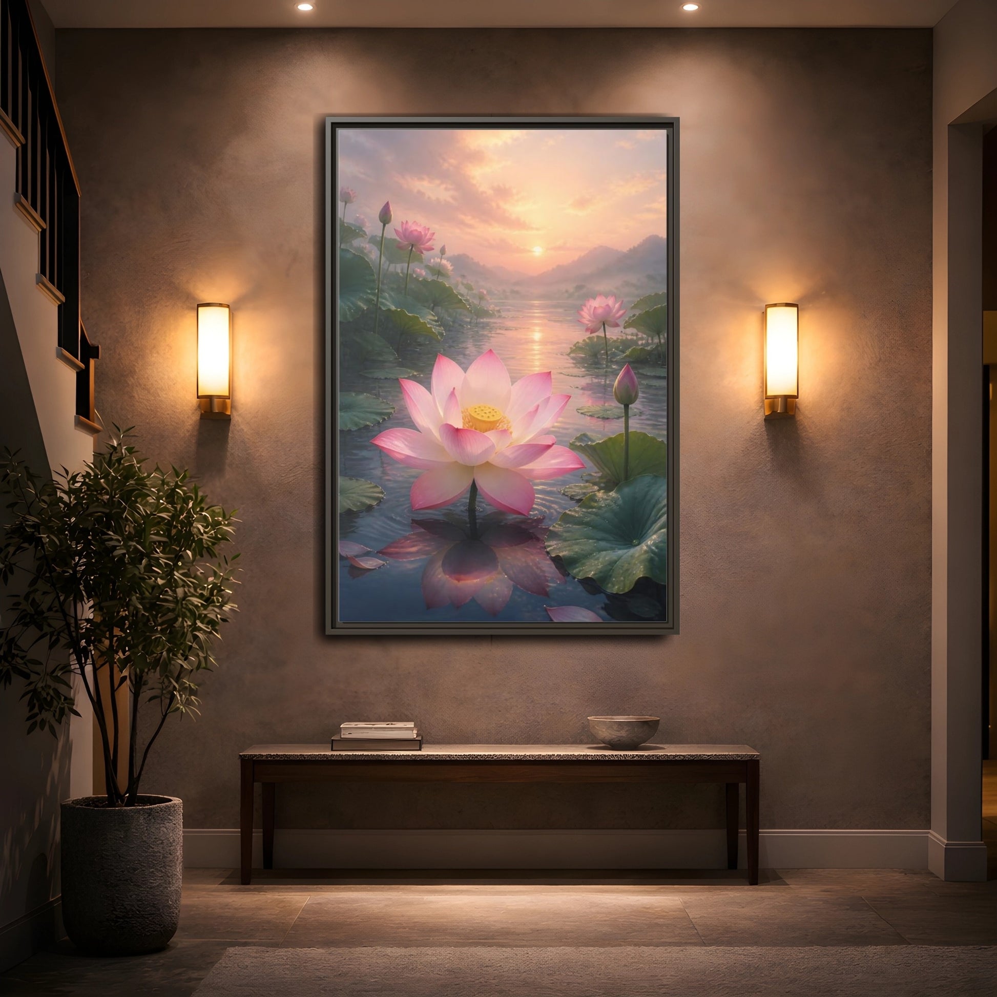 Mockup 2. Nature Lotus Flower Pink Lotus Sunset shown as stretched canvas wall art